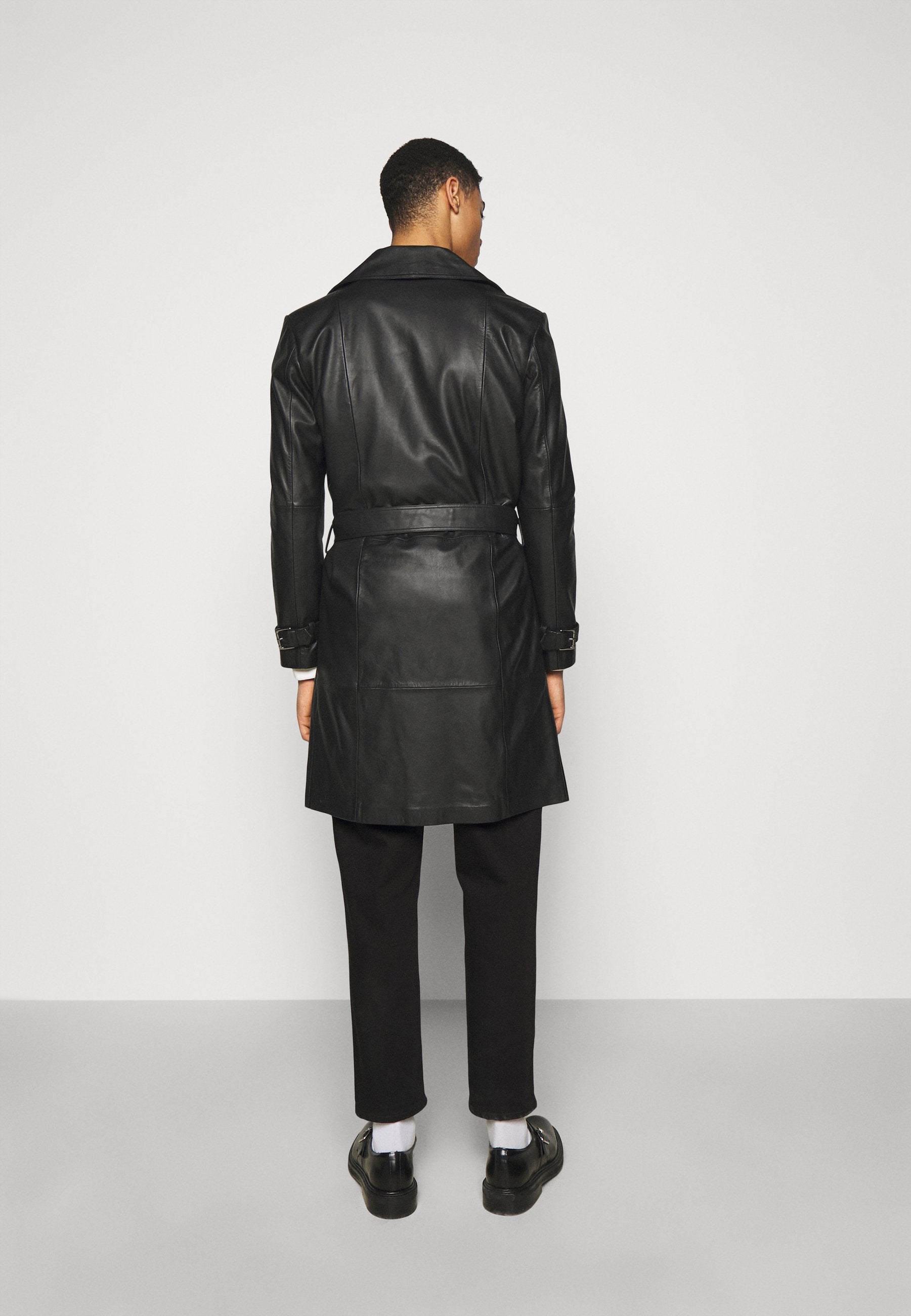 Men’s Black Leather Button Downed Trench Coat