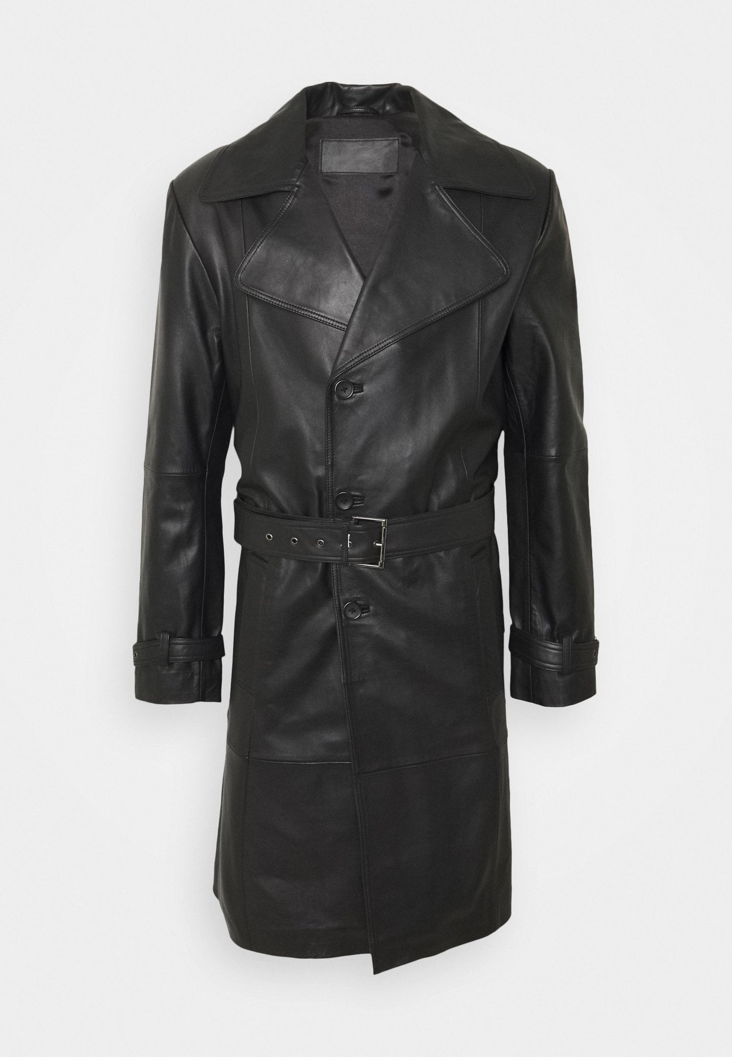 Men’s Black Leather Button Downed Trench Coat