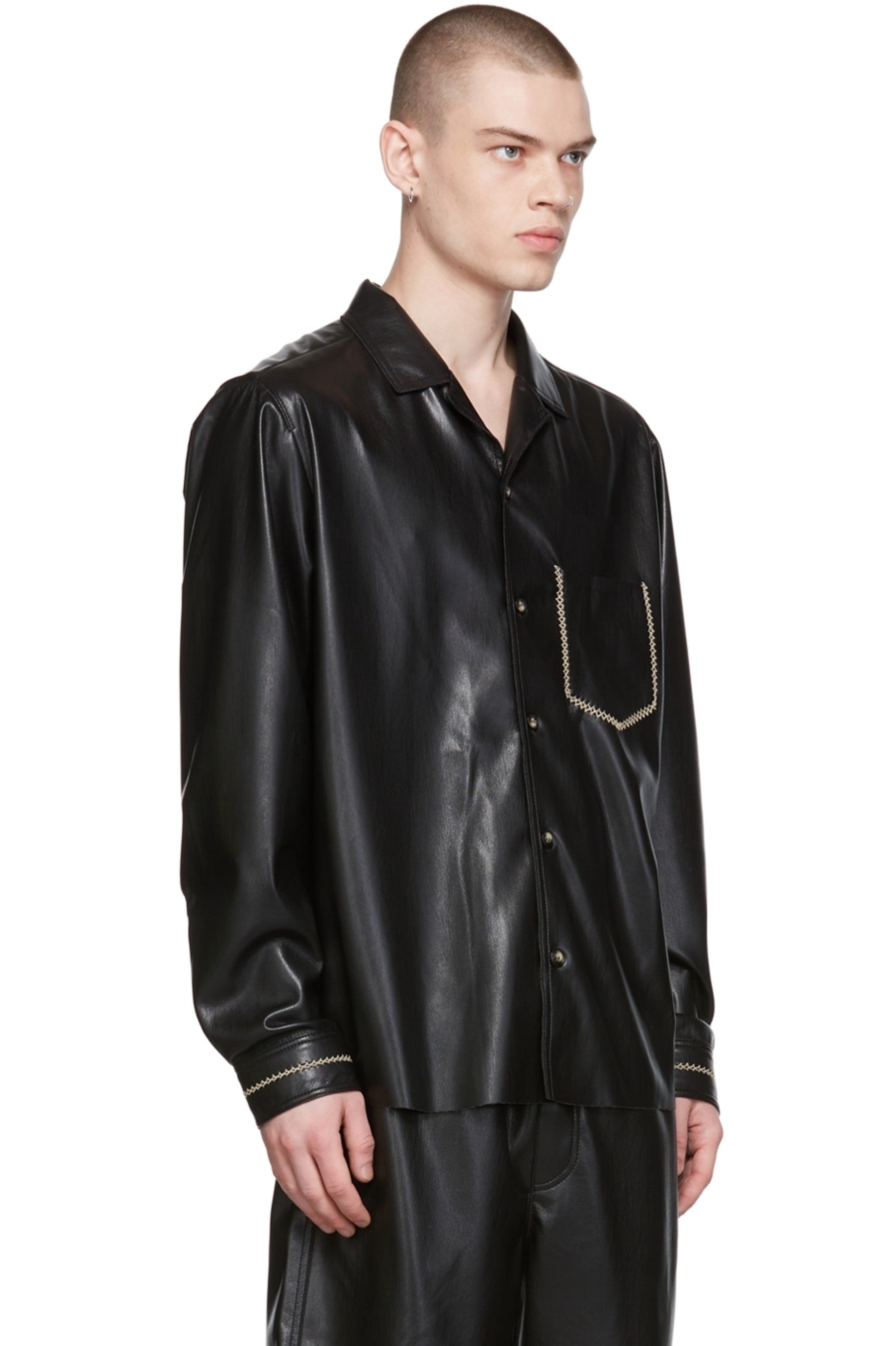 Men’s Black Leather Full Sleeves Shirt Lace Pocket