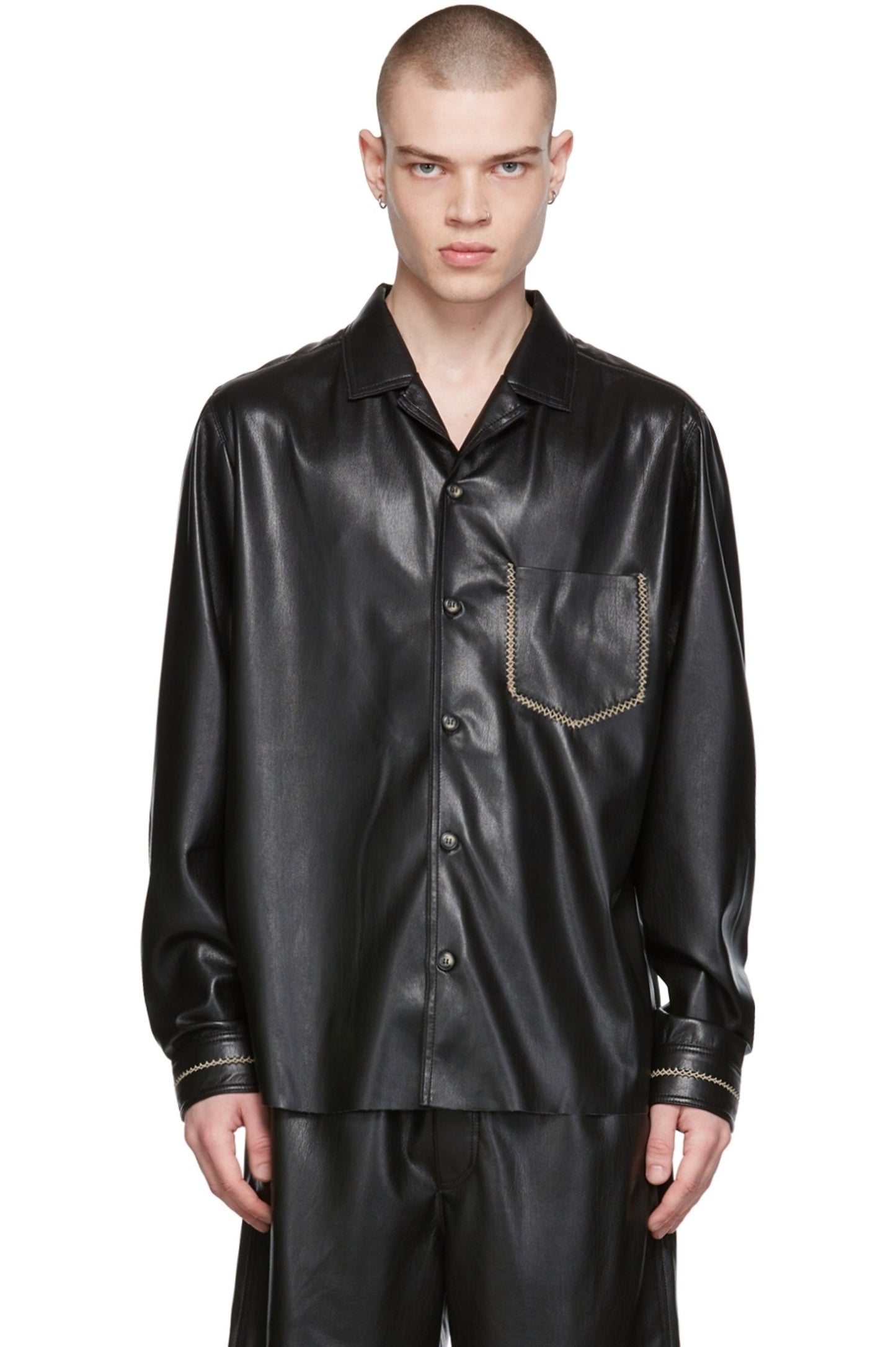 Men’s Black Leather Full Sleeves Shirt Lace Pocket