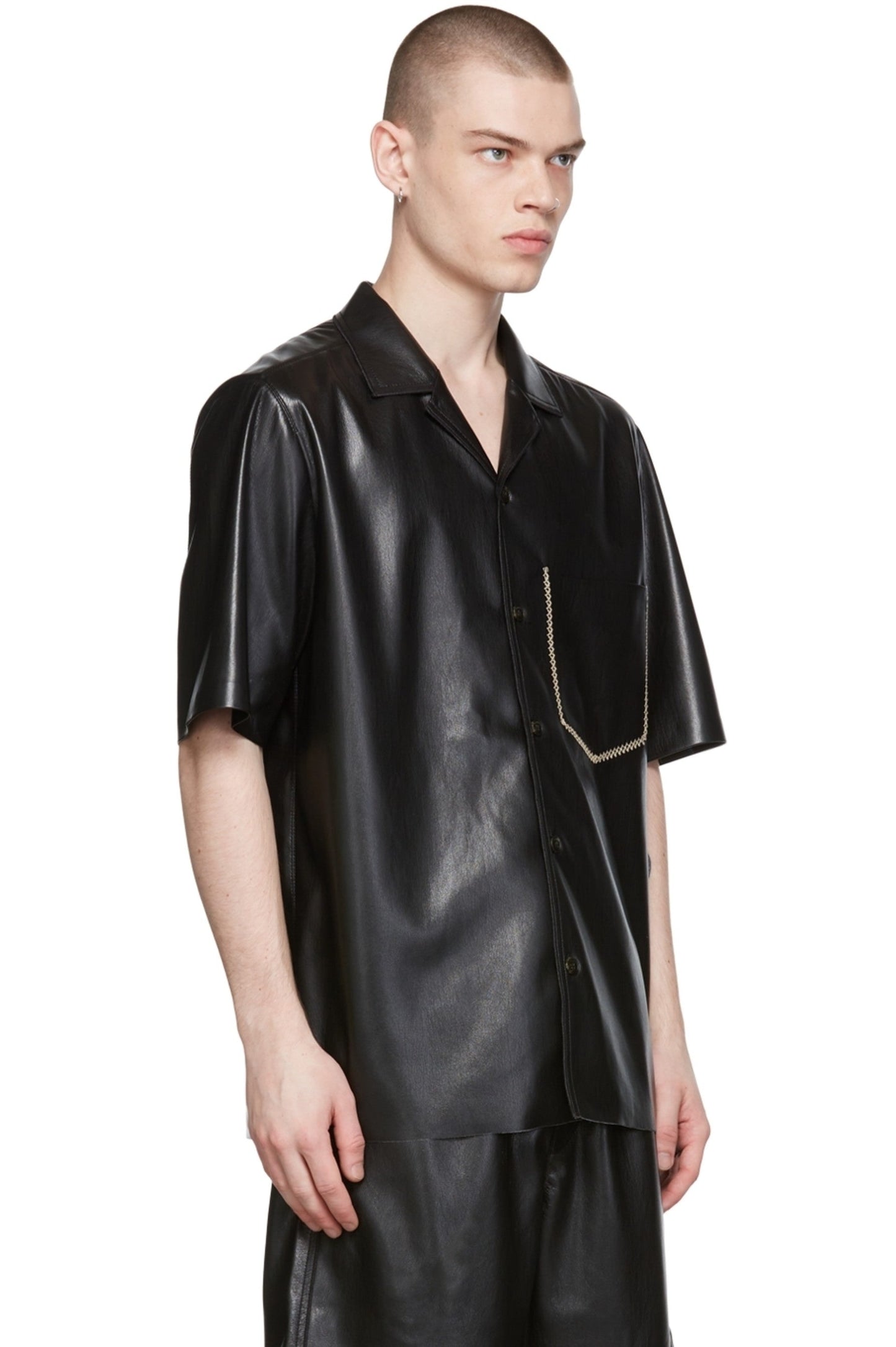 Men’s Black Leather Half Sleeves Shirt Lace Pocket