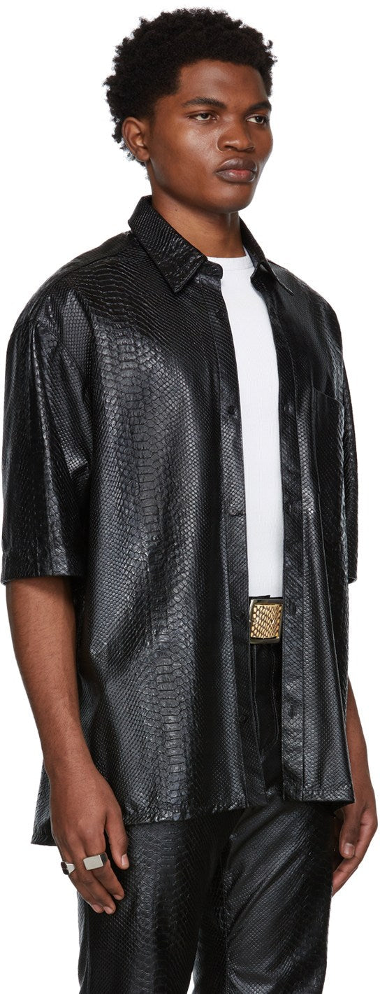 Men’s Black SnakeSkin Printed Leather Shirt