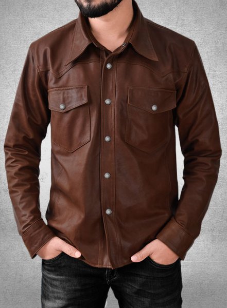 Men's Chocolate Brown Leather Full Sleeves Shirt