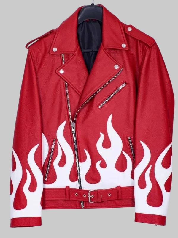 Men’s Red Leather Biker Jacket with White Flames