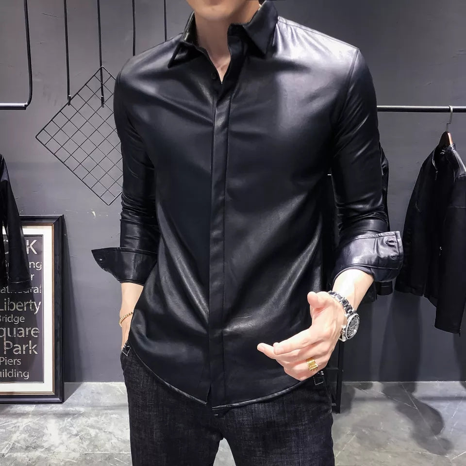 Men's Black Leather Full Sleeves Slim Fit Shirt