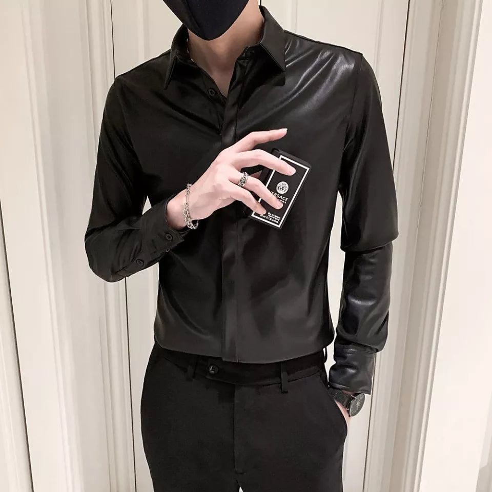 Men's Black Leather Full Sleeves Slim Fit Shirt