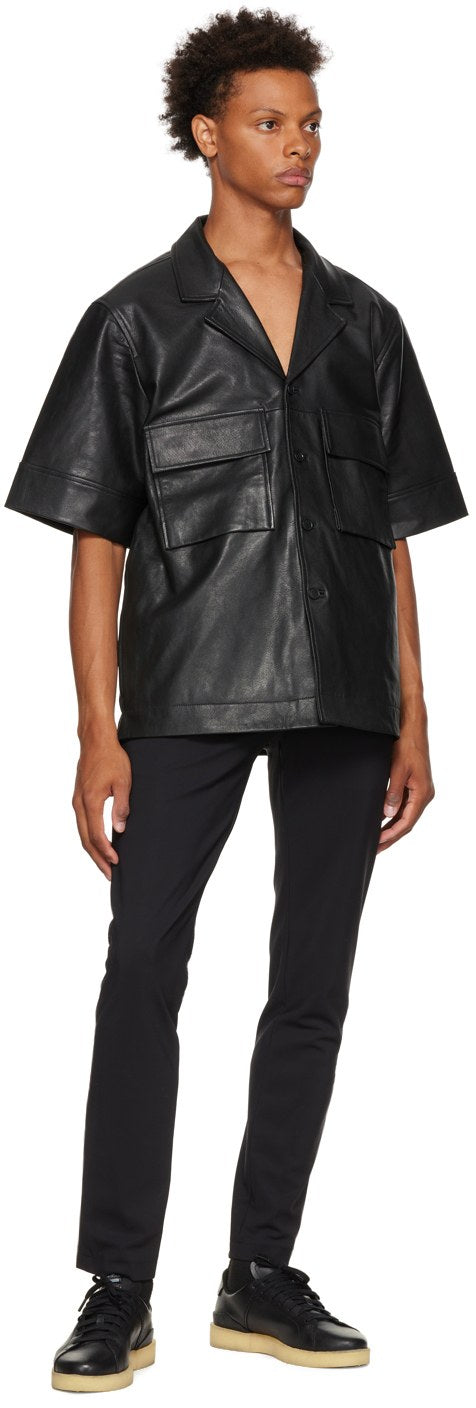 Men’s V-Neck Black Leather Shirt Half Sleeves