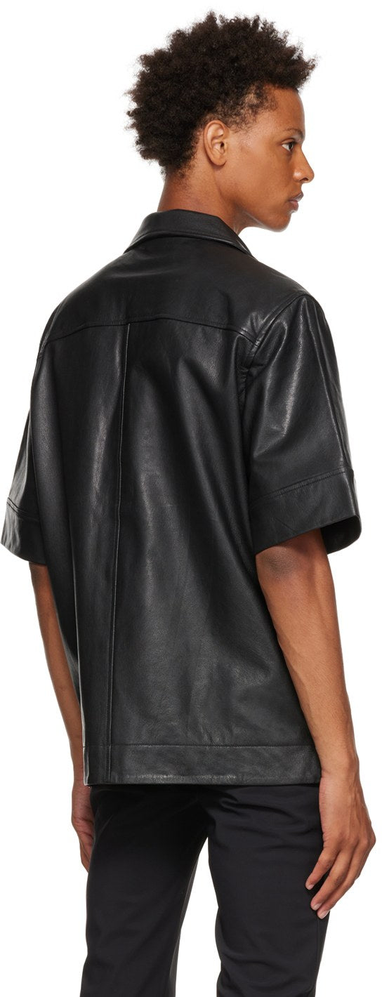 Men’s V-Neck Black Leather Shirt Half Sleeves