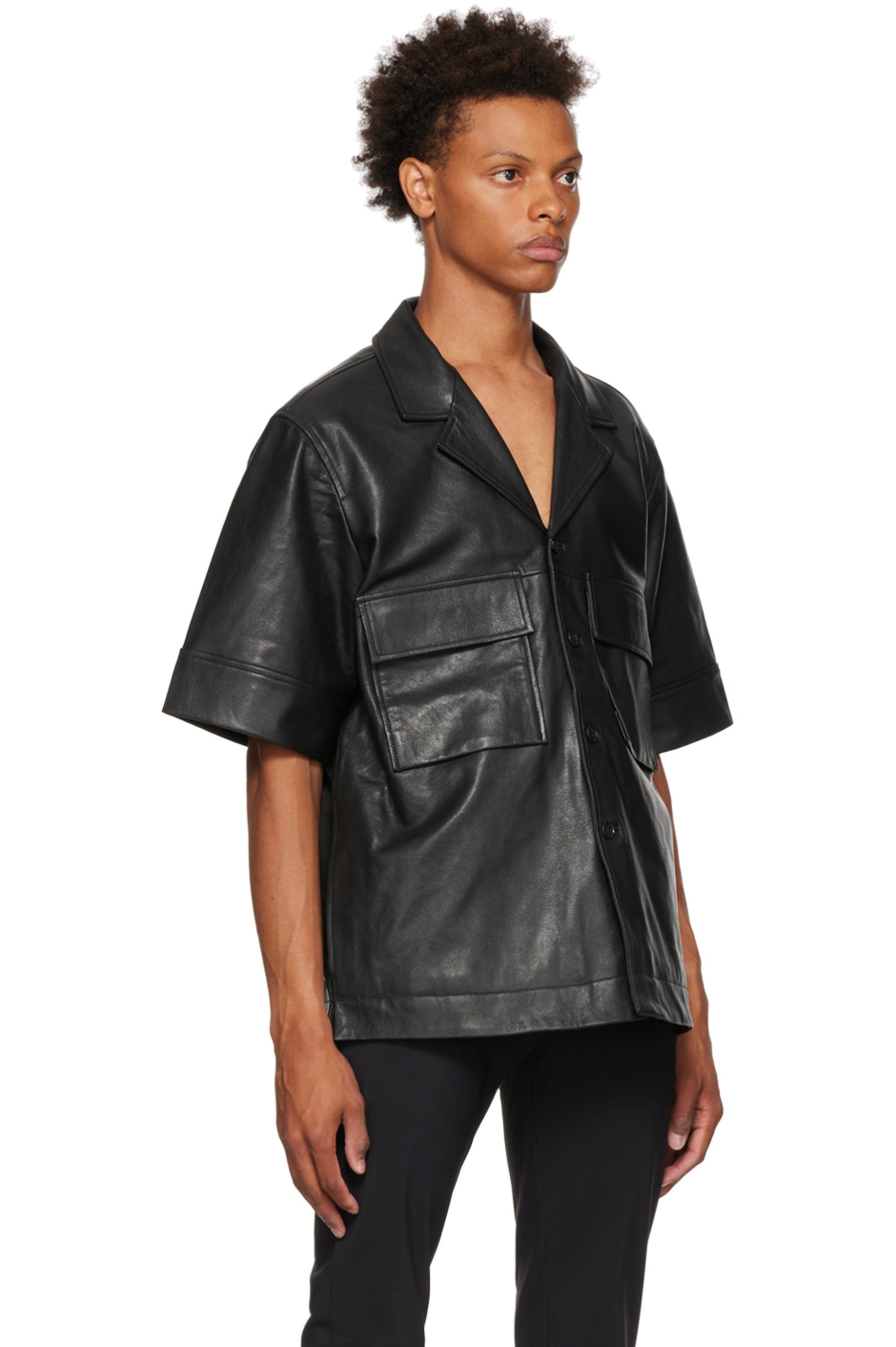 Men s V Neck Black Leather Shirt Half Sleeves