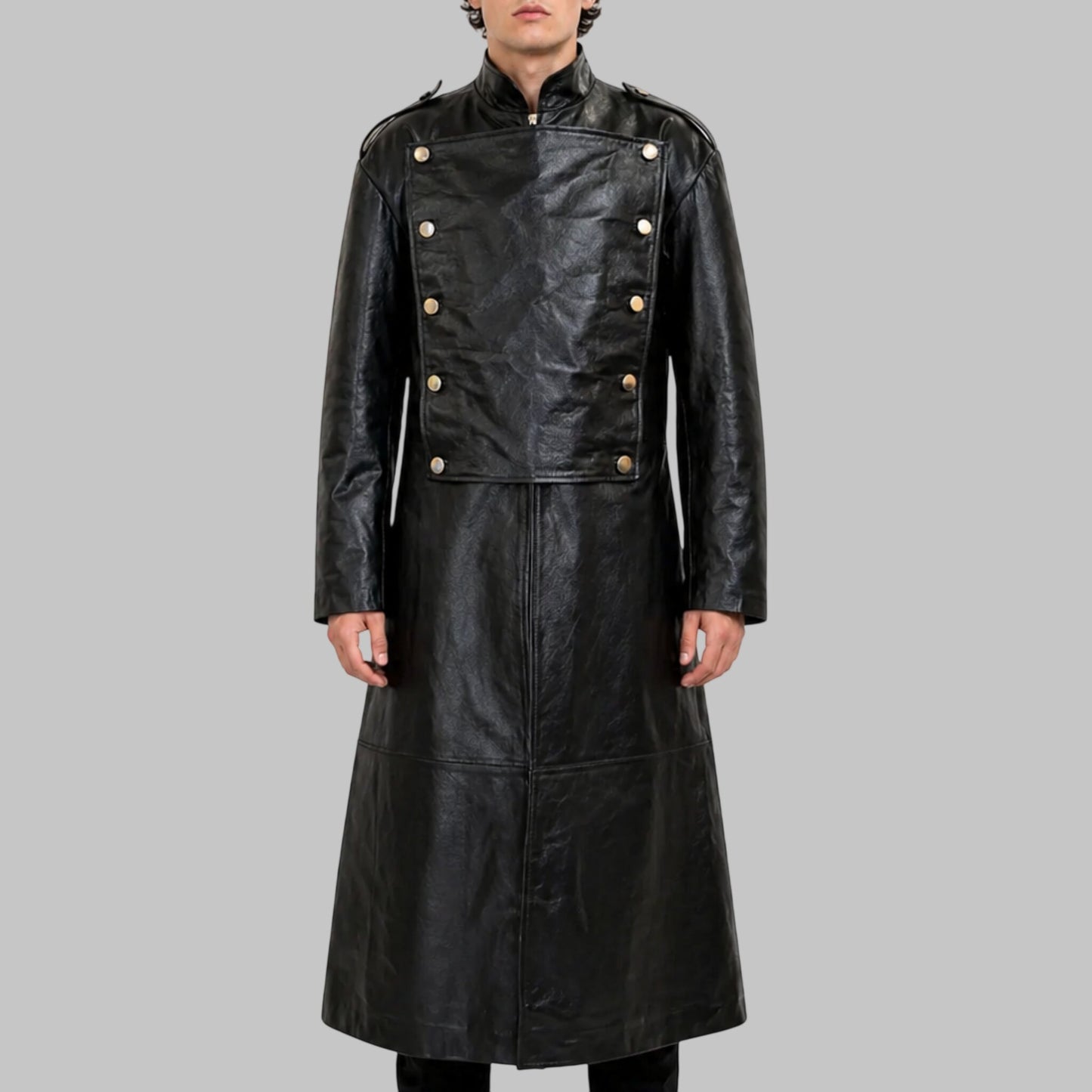 Men's Black Imperial Military Style Genuine Leather Trench Coat