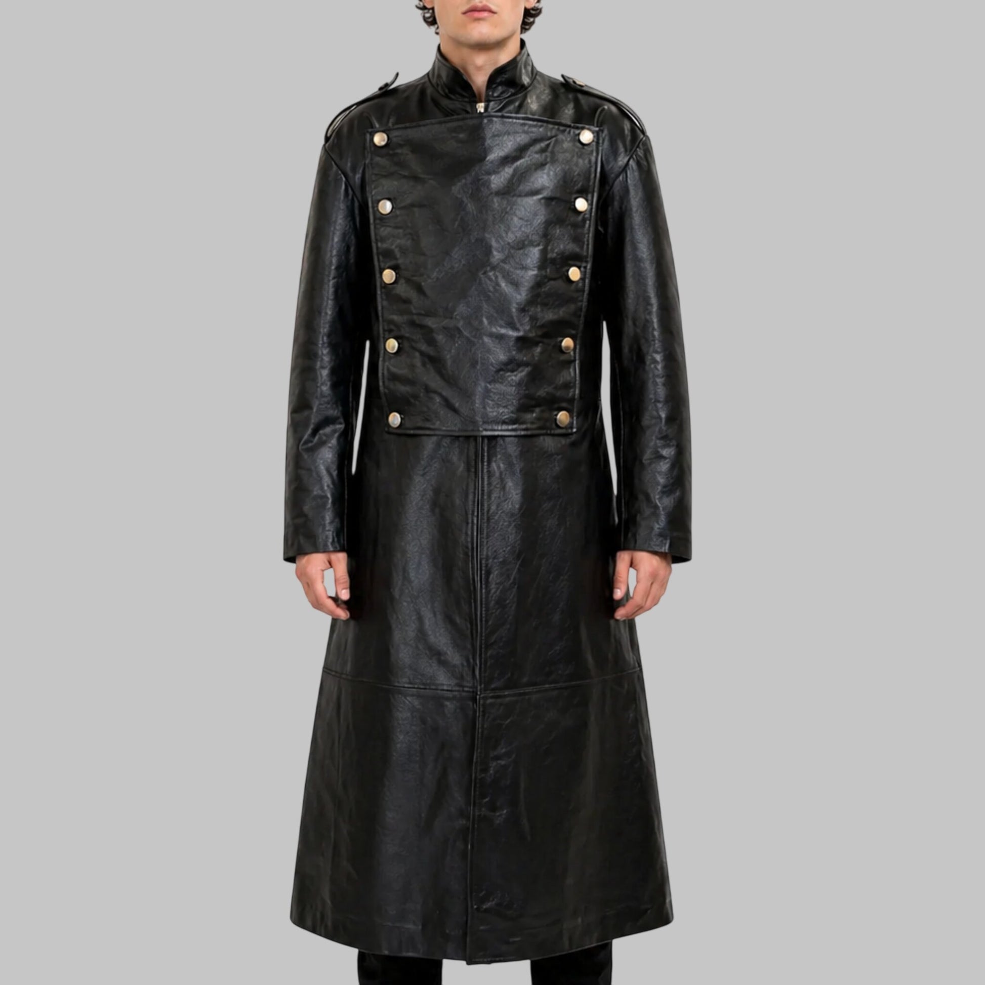 Men's Black Imperial Military Style Genuine Leather Trench Coat