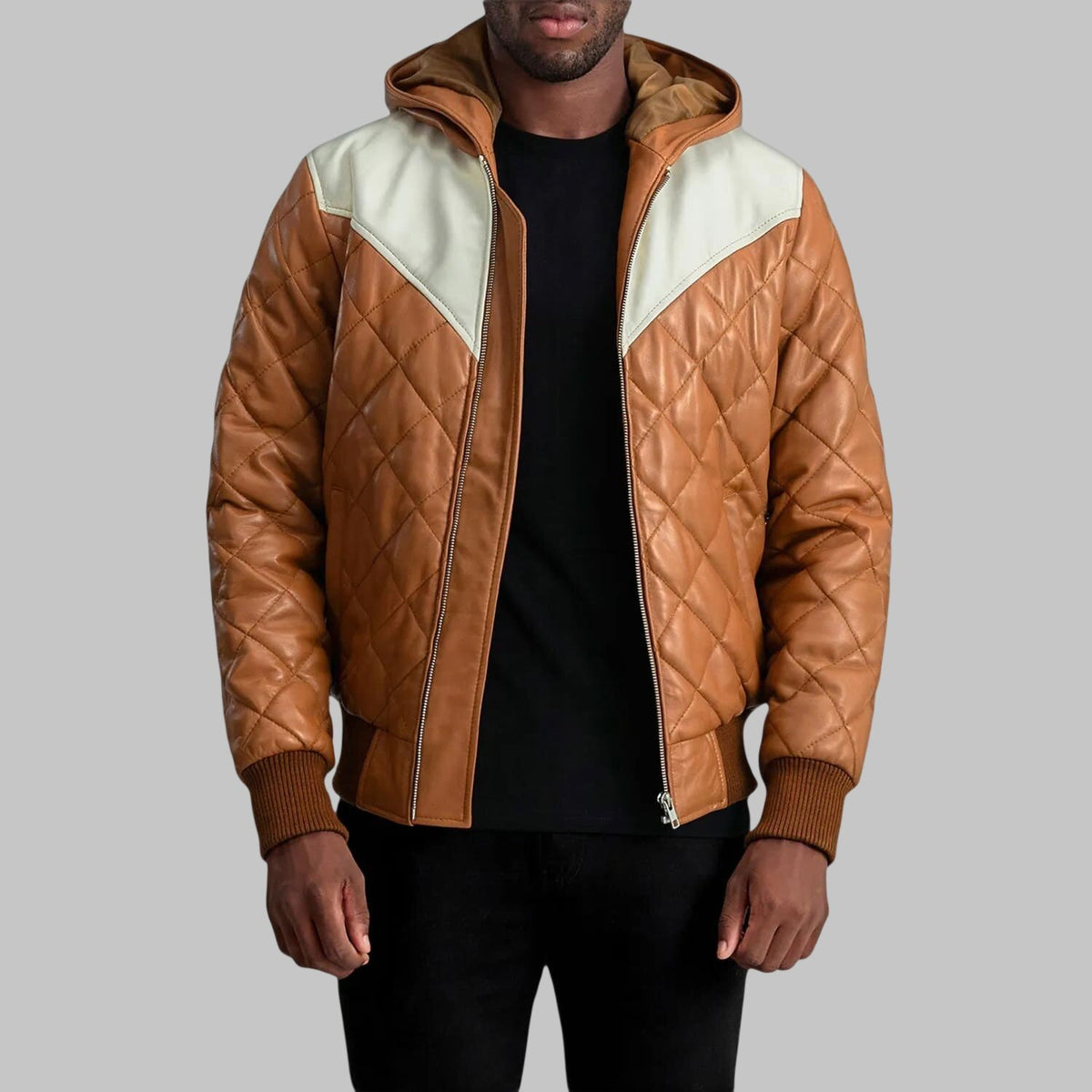 Men's Brown Hooded Quilted Leather Bomber Jacket