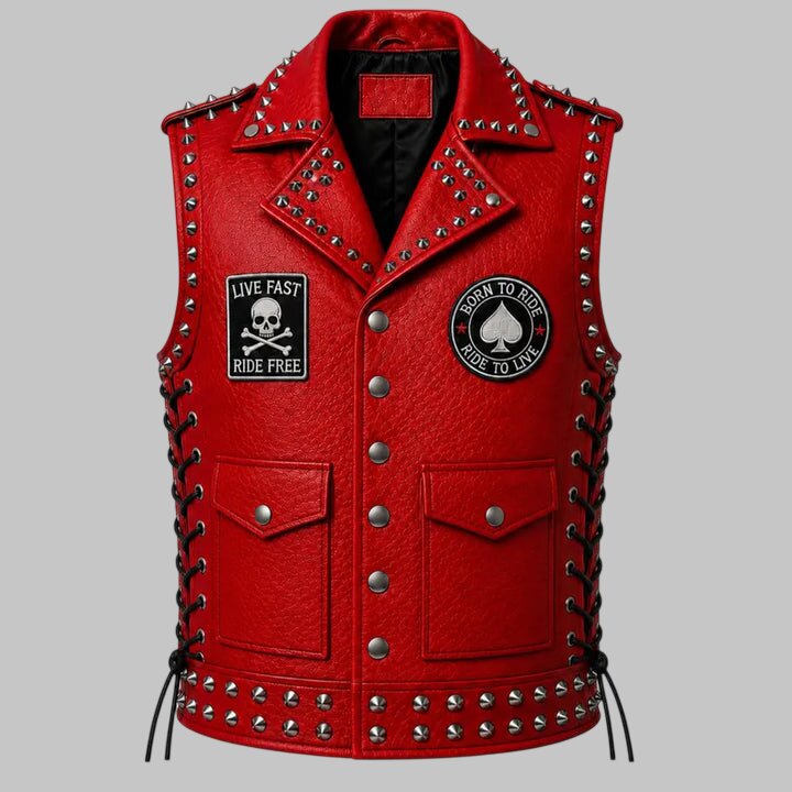 Men's Red Studded Leather Biker Vest with Side Lace and Patches