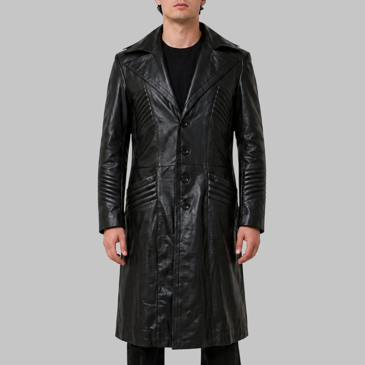 Men's Timeless Black Genuine Leather Trench Coat