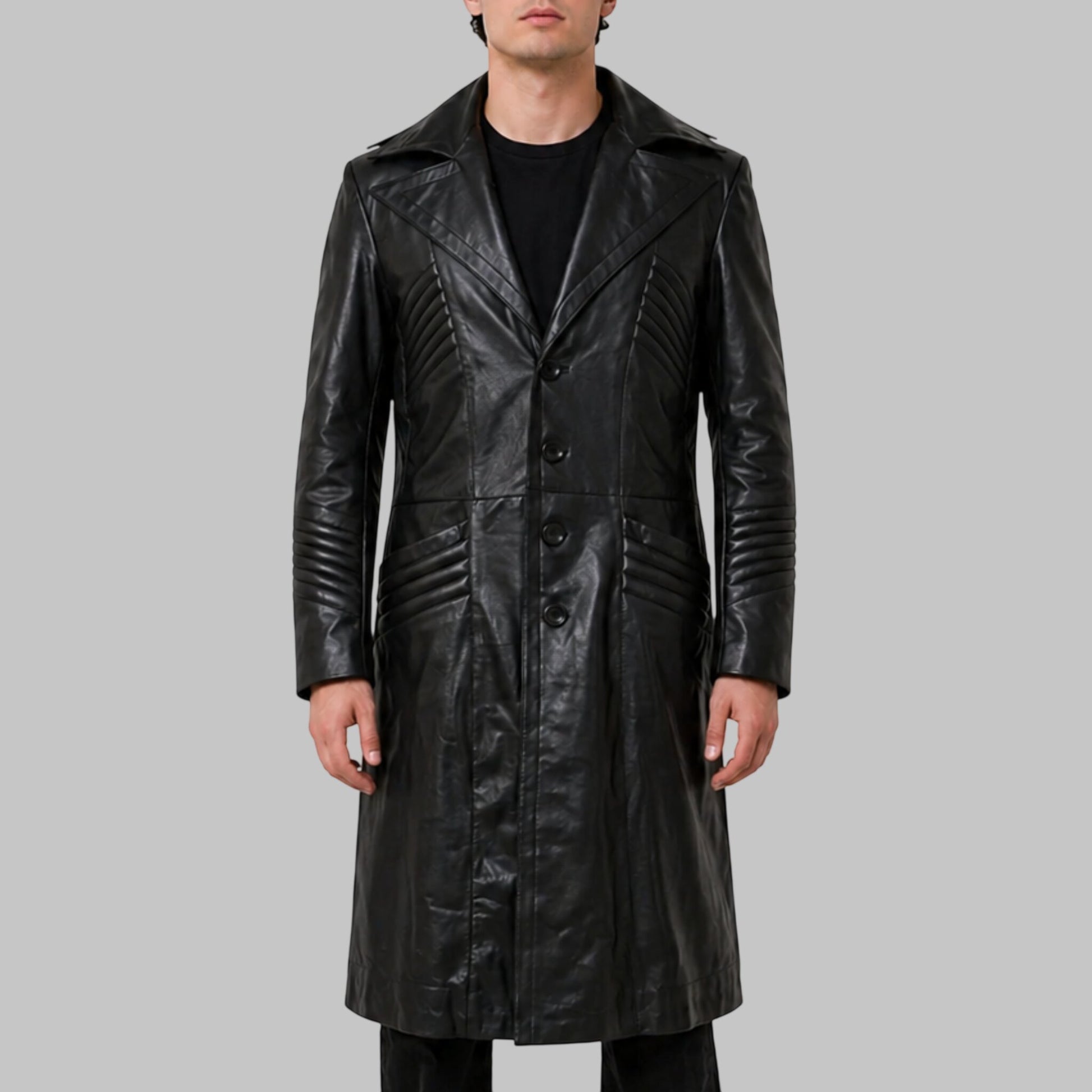 Men's Timeless Black Genuine Leather Trench Coat