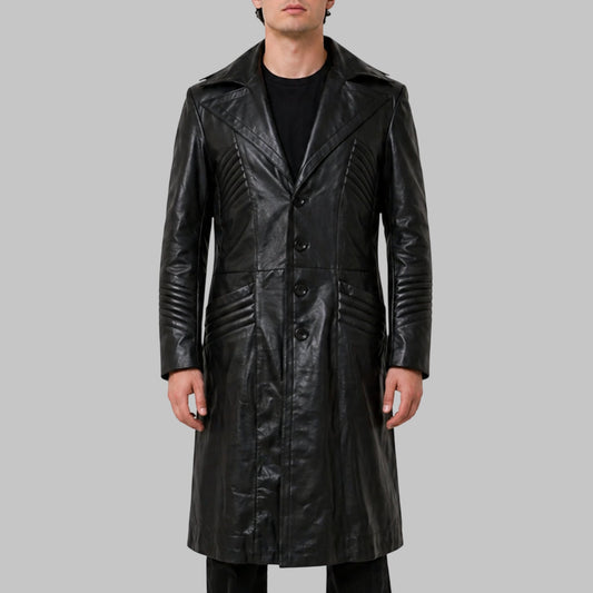 Men's Timeless Black Genuine Leather Trench Coat
