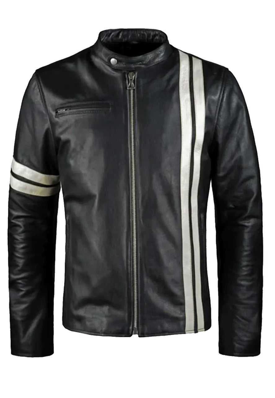 Men’s Black Leather Biker Jacket with White Stripes – Sporty & Bold