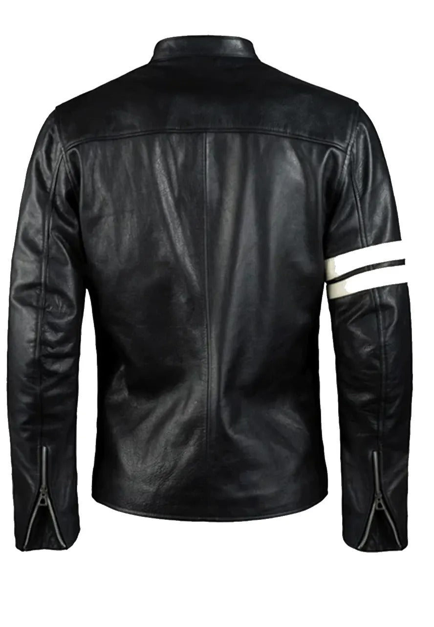 Men’s Black Leather Biker Jacket with White Stripes – Sporty & Bold