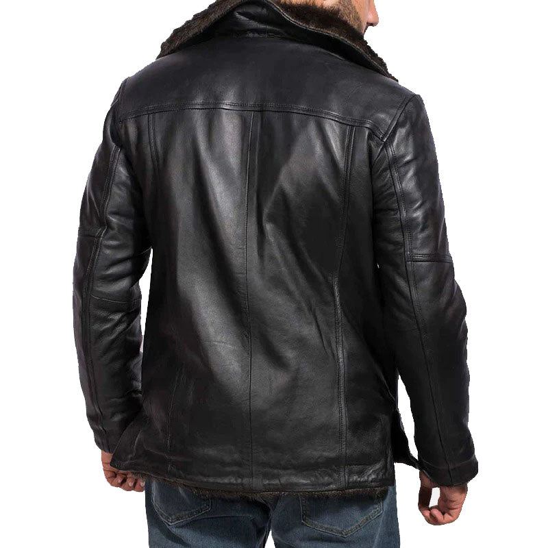 Men's Black Shearling Bomber Sheepskin Leather Fur Coat