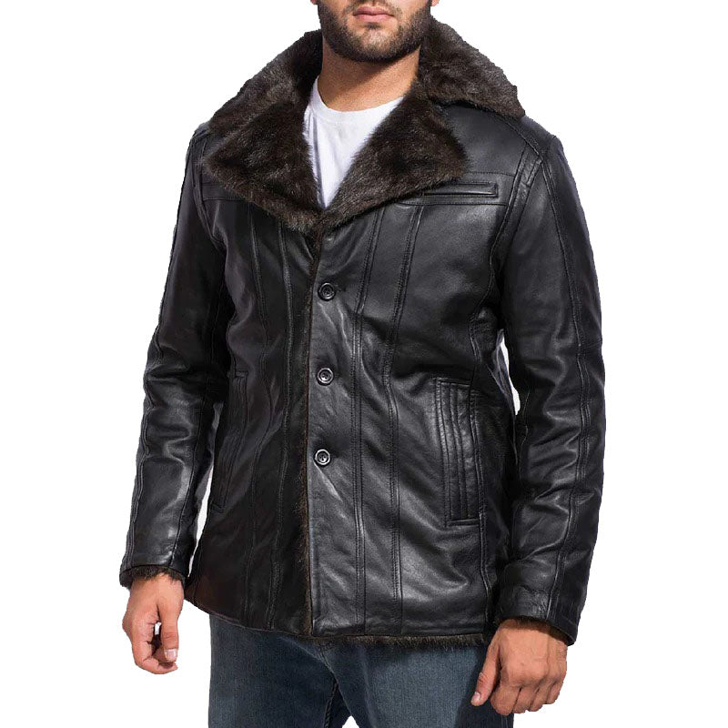 Men's Black Shearling Bomber Sheepskin Leather Fur Coat