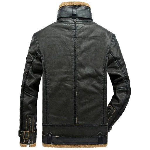 Men's Black Shearling Sheepskin Biker Leather Jacket