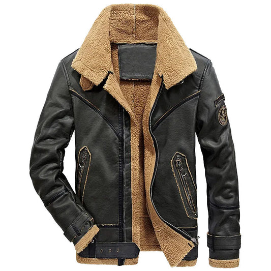 Men's Black Shearling Sheepskin Biker Leather Jacket