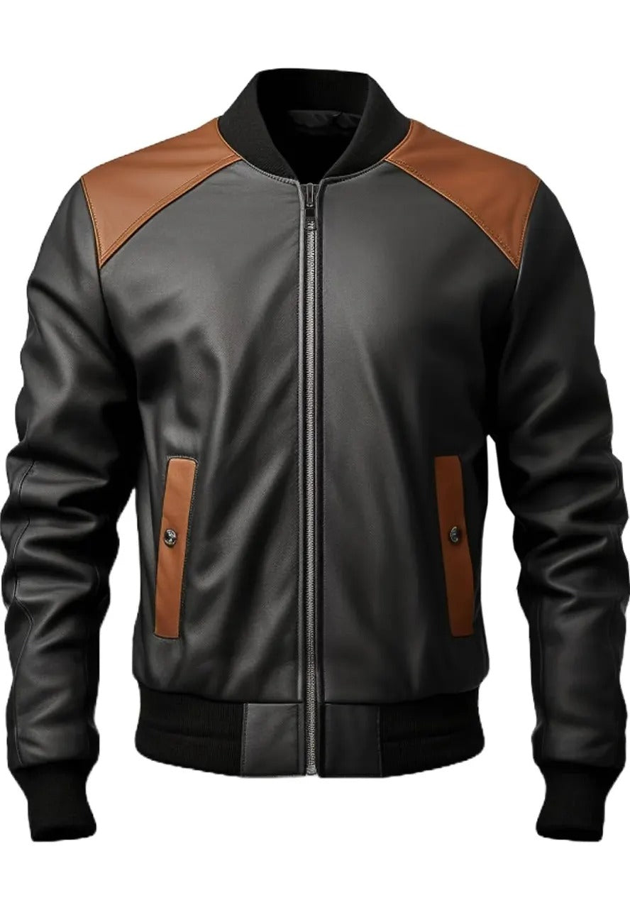 Men’s Black and Brown Leather Bomber Jacket – Classic & Stylish