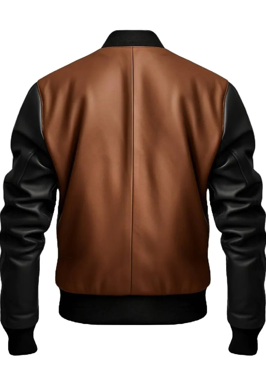 Men’s Black and Brown Leather Bomber Jacket – Classic & Stylish