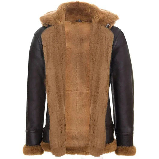 Men's Brown Shearling Sheepskin Coat With Detachable Hood