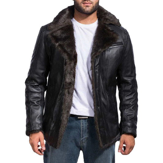 Men's Black Shearling Bomber Sheepskin Leather Fur Coat