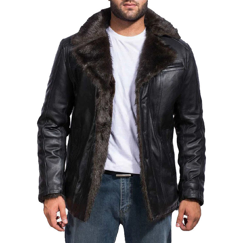 Men's Black Shearling Bomber Sheepskin Leather Fur Coat