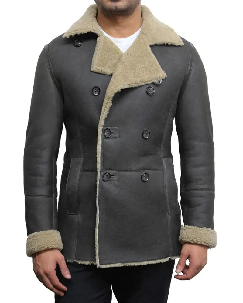 Mens Grey Unique Shearling Sheepskin Leather Fur Coat