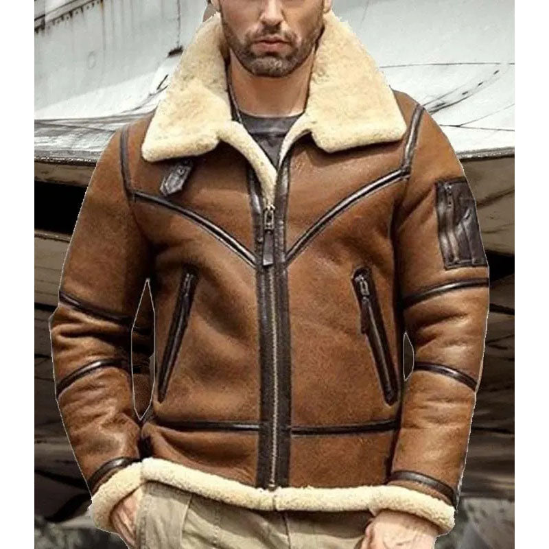 Men's Brown B3 Flight Sheepskin Aviator Winter Coat