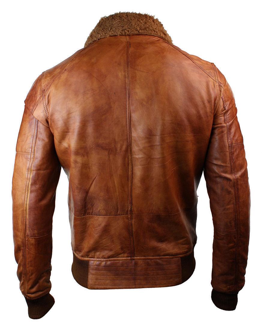 Men's B3 Bomber Rust Tan Brown Aviator Leather Jacket with Fur Collar