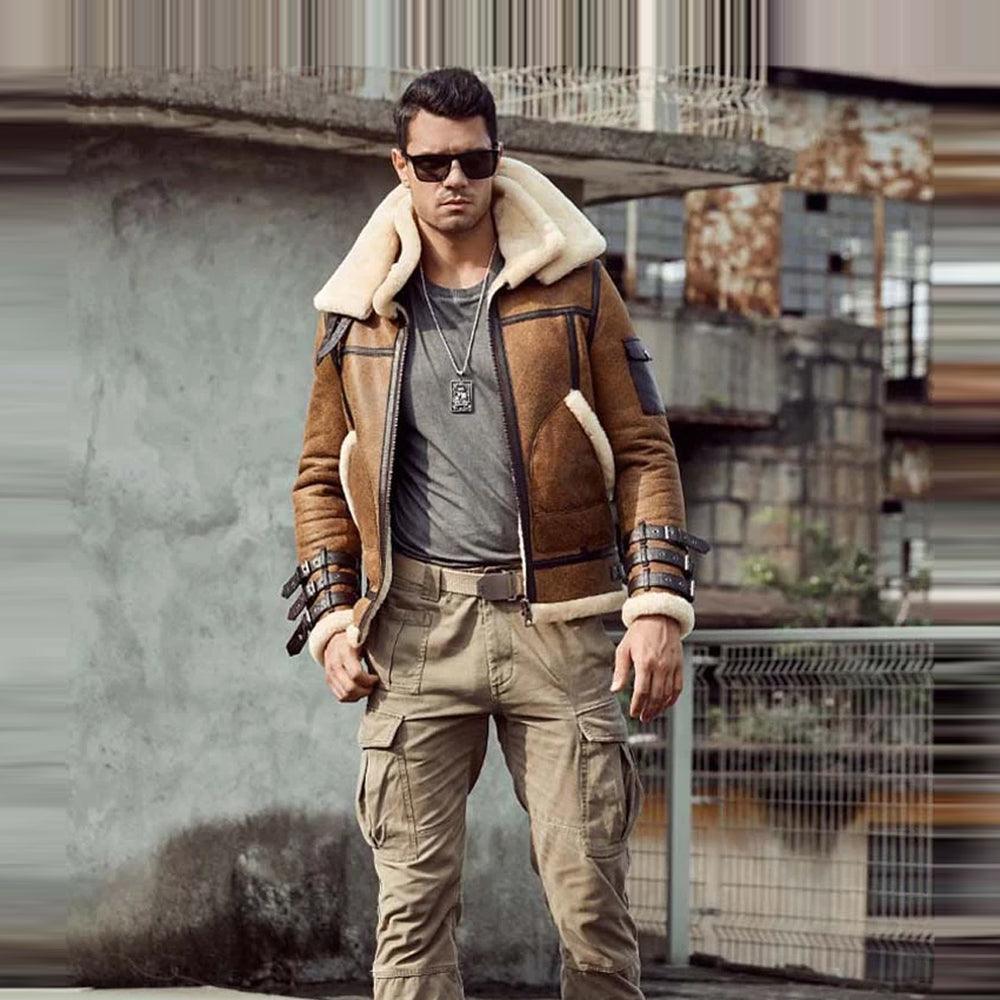 B3 RAF Aviator Brown Double Collar Flight Shearling Leather Jacket Coat For Men