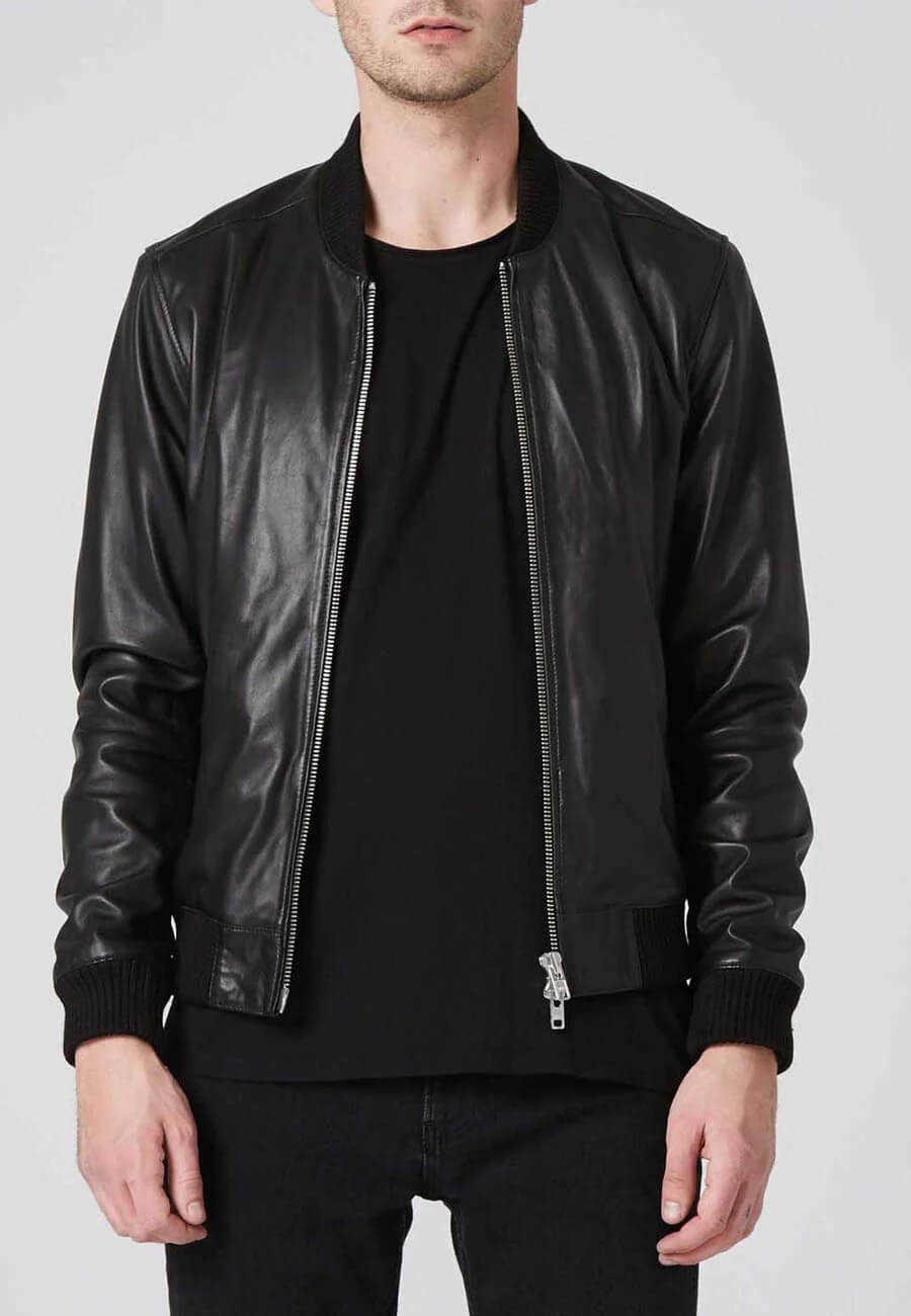 Men's Black Leather Bomber Jacket with Double Zipper