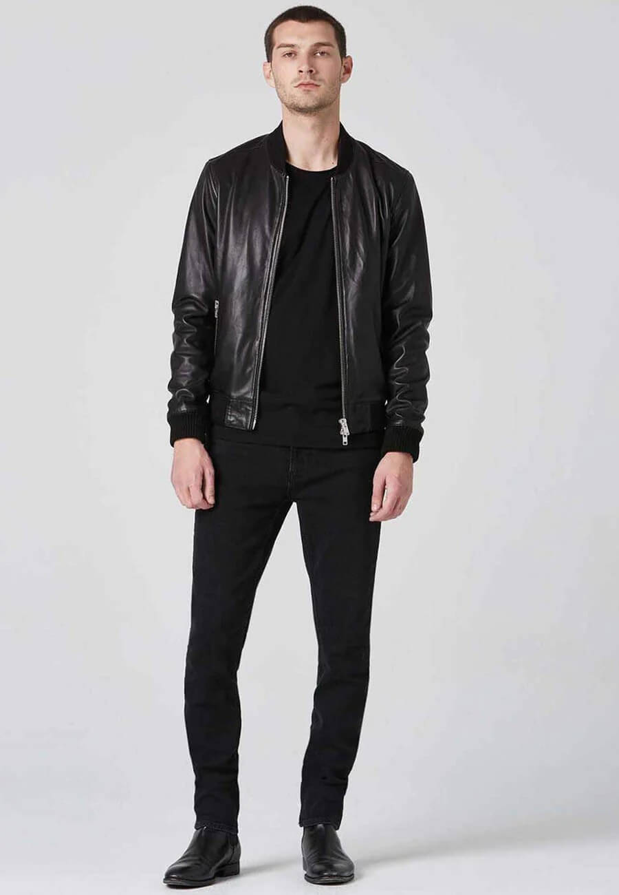 Men's Black Leather Bomber Jacket with Double Zipper