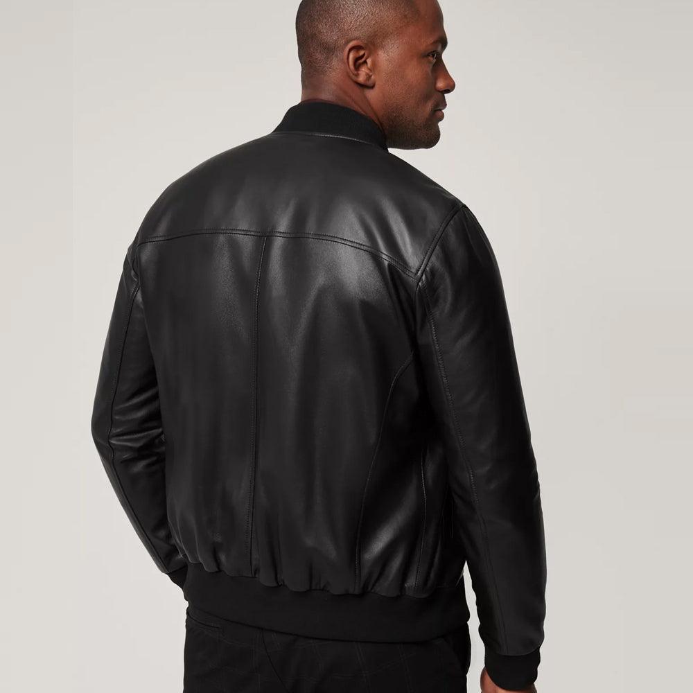 Mens Classic Black Lambskin Leather Bomber Jacket