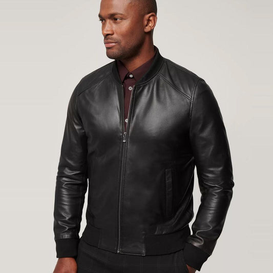 Men's Classic Black Lambskin Leather Bomber Jacket