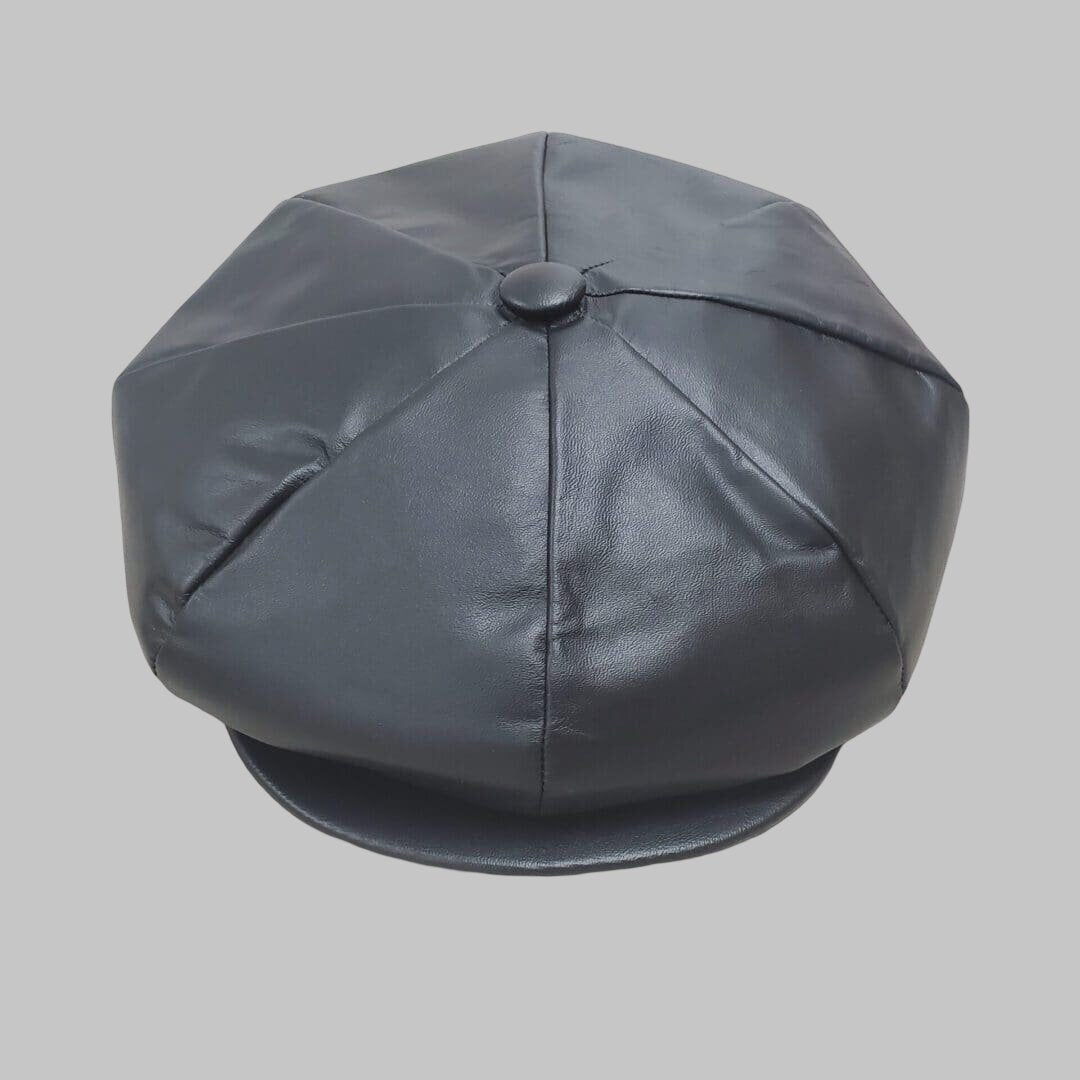 Men Black Cowhide Real Leather Newsboy Cap