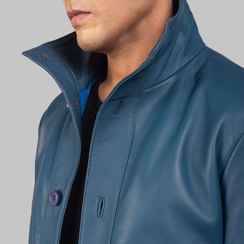 Men Blue Leather Bomber Jacket with High Collar and Flap Pockets