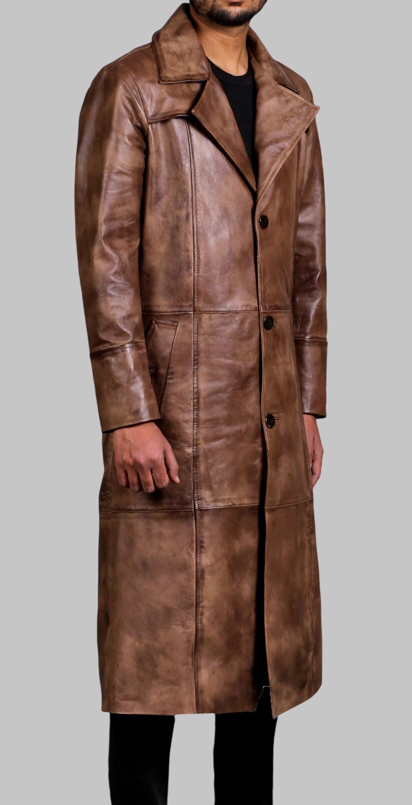 Men Brown Distressed Leather Trench Coat