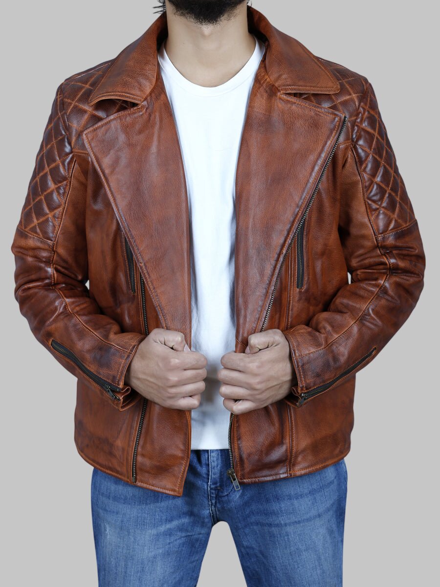 Men Brown Vintage Distressed Leather Biker Jacket