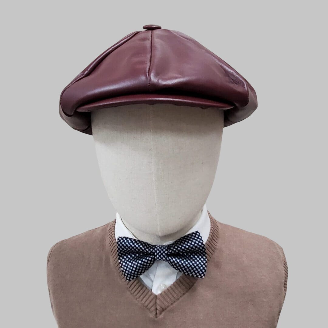 Men Burgundy Cowhide Real Leather Newsboy Cap