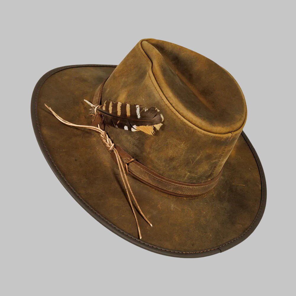 Men Distressed Brown Leather Cowboy Hat