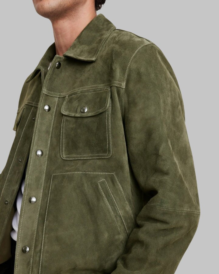 Men Olive Green Suede Leather Trucker Jacket
