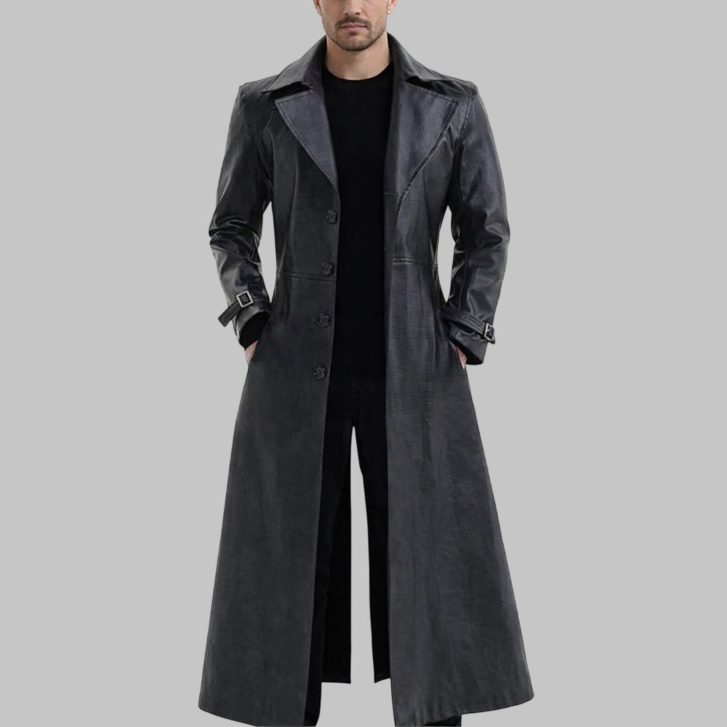 Men Premium Black Leather Long Trench Coat