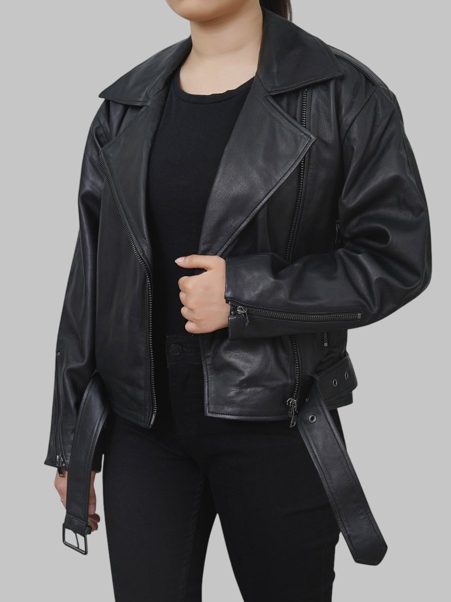 Women Black Cropped Leather Motorcycle Jacket