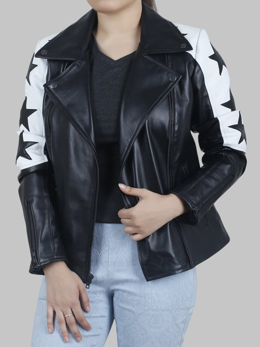 Women Black Leather Biker Jacket with Star Patches