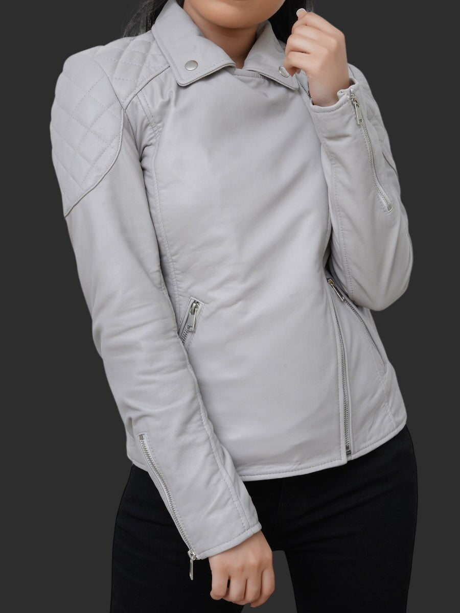 Women Quilted Grey Leather Biker Jacket